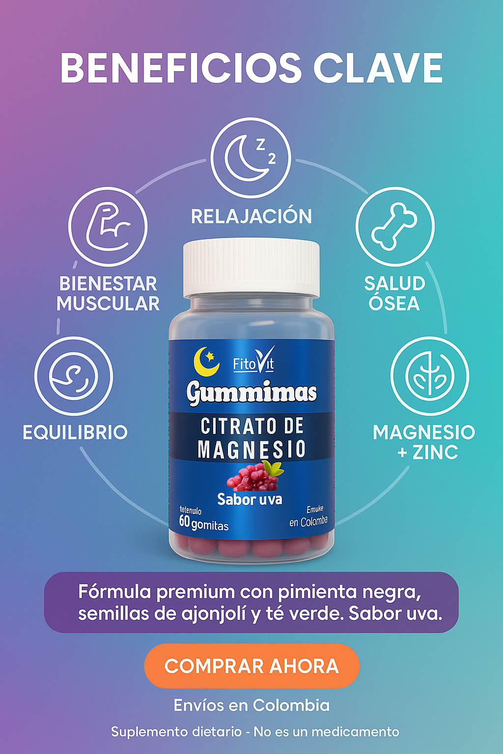 Fitovit Gummimas Citrato de Magnesio + Zinc – Relajación, Fuerza y Bienestar 🍇